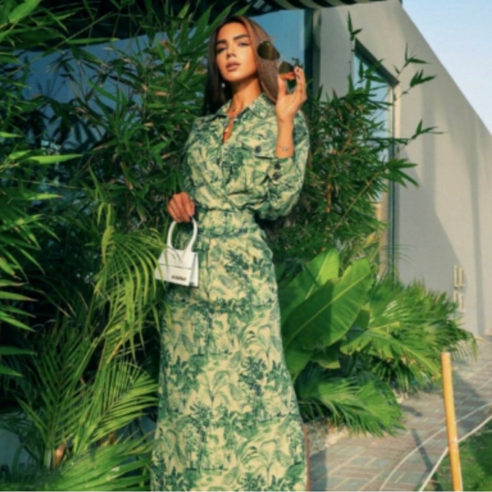 Zara green tropical floral print dress